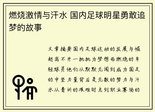 燃烧激情与汗水 国内足球明星勇敢追梦的故事 燃烧激情与汗水 国内足球明星勇敢追梦的故事